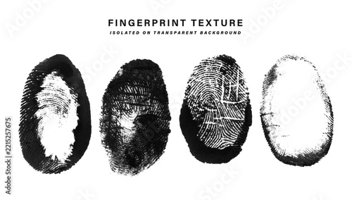 Fingerprint texture set, black ink thumbprint impressions, biometric identity verification mark graphics, security design elements