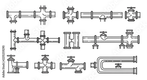 Collection of industrial pipe fittings and valves technical line drawing