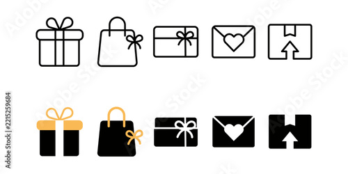 Set of shopping and gift icons including gift box, shopping bag, gift card, love letter, and delivery box in outline and solid styles