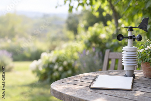 Compact weather sensor on a garden table