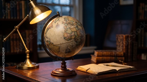 An illuminated vintage terrestrial globe sits on a dark mahogany desk next to an open antique book and a polished brass banker lamp in a library.