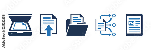 Set of document management icons including scanning, uploading, filing, routing, and digital viewing on a tablet
