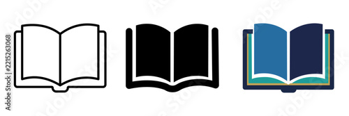 Set of three open book icons, including a line art version, a solid black silhouette, and a colorful graphic design, representing education, reading, and literature