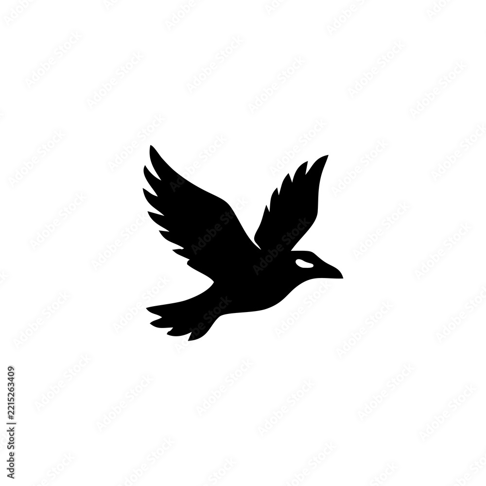 Fototapeta premium Minimalist black silhouette of a flying bird isolated on a white background.