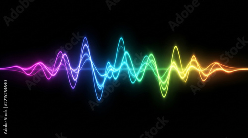 Colorful glowing sound wave visualization showing frequency spectrum on dark black background