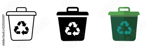 Set of three recycling bin icons in different styles, including outline, solid black, and flat colored design, representing waste management and environmental sustainability concepts
