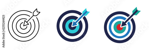 Set of three target icons with arrows, varying from simple line art to colorful flat design, representing goals, success, and accuracy in business and marketing