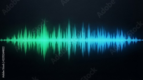 Glowing sound wave visualization with green and blue frequency spectrum on dark background