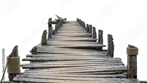 Dilapidated wooden pier with weathered planks and thick ropes, isolated on transparent background