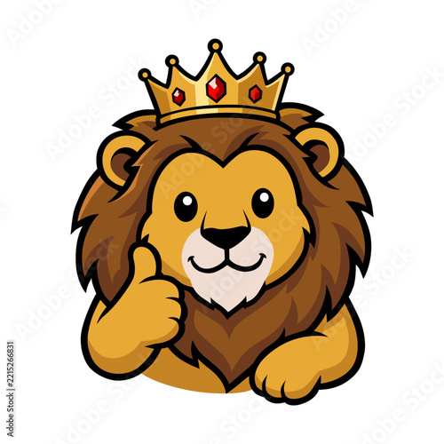 3D Cartoon Lion with Crown Giving Thumbs Up Isolated