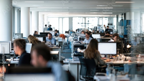 Modern Office Environment: A busy, contemporary open-plan office is filled with people working at their desks, bathed in natural light, highlighting a productive and collaborative workspace.