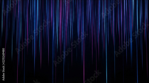 Abstract neon light trails cascading down in vibrant blue and purple colors on a black background