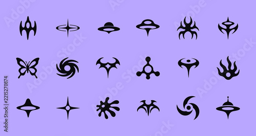 Futuristic Blackwork Symbol Set, Acid Graphic Y2K Vector Collection