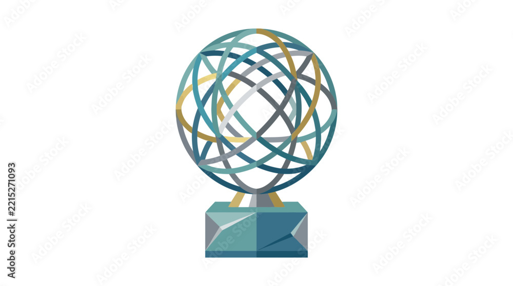 Fototapeta premium Modern Abstract Sculpture with Interlocking Rings and Geometric Base on Transparent Background