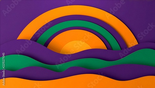 Horizontal paper cut layered landscape background with arched sunset frame, rising sun, and clean purple and orange wavy hills