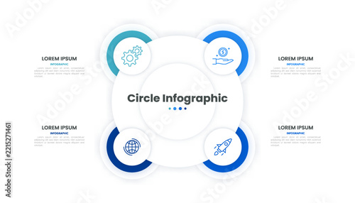 Modern 4-option circular infographic template with business icons for presentations and chart design.