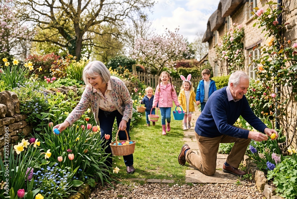 Fototapeta premium A group of children and adults gather in a vibrant garden to search for Easter eggs. They hold baskets and pick colorful eggs surrounded by flowers