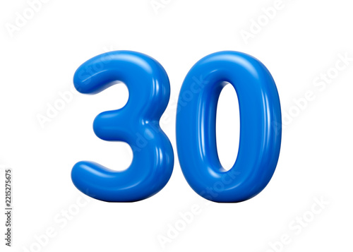 Glossy blue 3D number 30 styled with sleek design and reflective details. 3d illustration