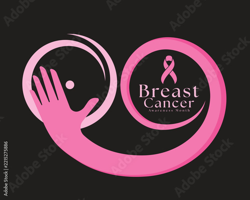 Breast cancer awareness month - Text and ribbon sign in pink hand circle curve shape and hold care circle breast sign on black background vector design