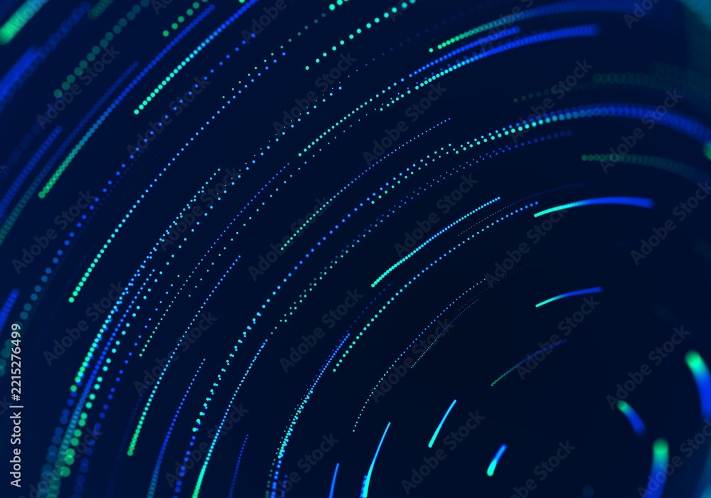 Fototapeta premium Abstract luminous dotted curves in blue and turquoise creating a dynamic digital motion background for technology and futuristic design concepts. 3D Rendering