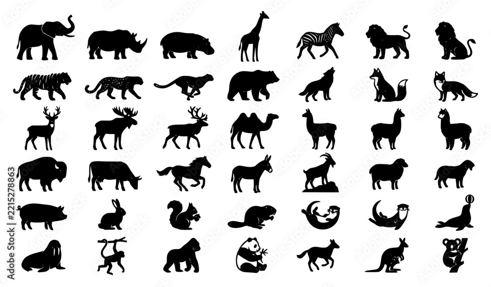 Obraz premium Solid Mammal Glyph Icons Collection Featuring Safari Wildlife Farm and Exotic Animals