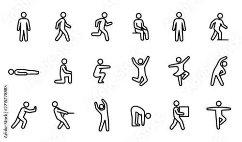 Human Action and Movement Pose Outline Icon Collection with Editable Vector Strokes