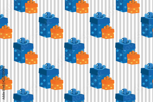 Blue and orange gift boxes seamless pattern on grey striped background