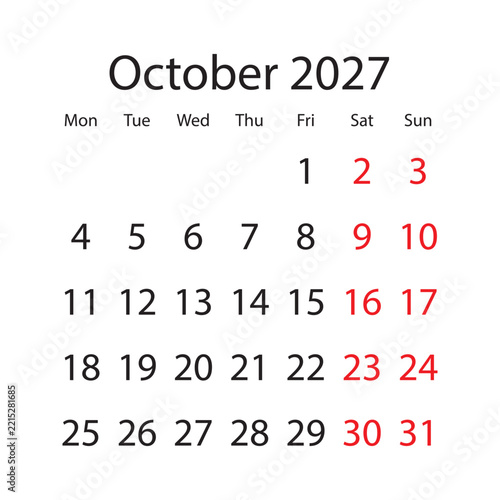 calendar october 2027 template vector design