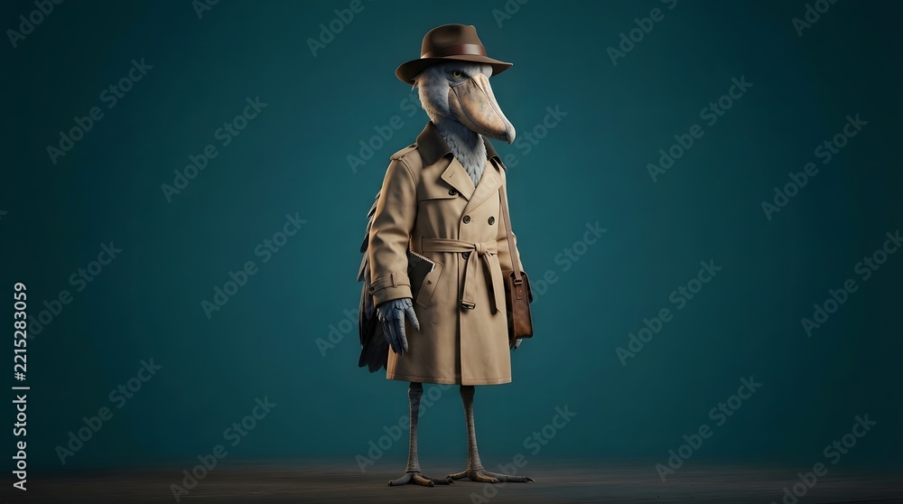 Fototapeta premium Anthropomorphic bird detective in trench coat and hat on blue background