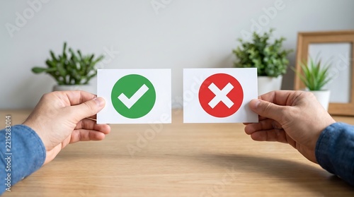 Right vs Wrong: Hands Holding Green Checkmark and Red Cross Cards for Yes or No Decision Making, True or False Choice, Approval and Rejection Concept.
