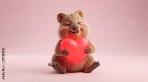 Cute quokka holding a glowing heart on a pink background