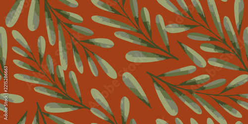Hand-Drawn Botanical Green Leaves on Burnt Orange Background