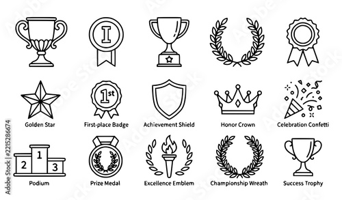 Award and Achievement Line Icon Set with Medal Trophy Cup and Winner Symbols