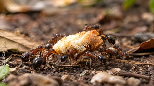 Group of Ants Carrying Food in Natural Soil Environment, Macro Wildlife Photography