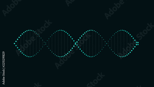 Abstract dna helix structure made of glowing teal dots on a dark background