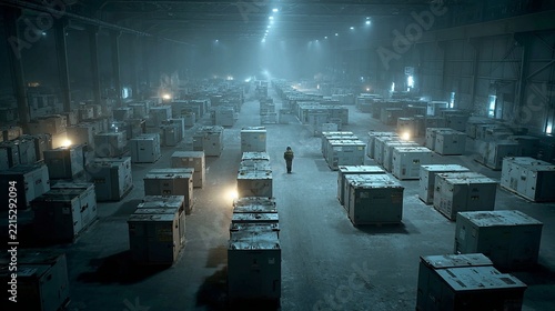 Large warehouse with rows of shipping containers and a worker
