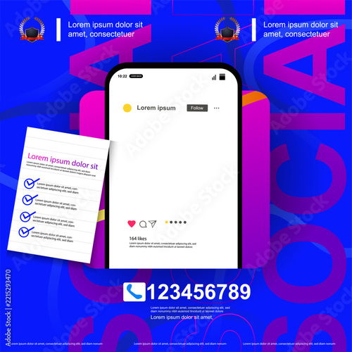 Vector template mobile phone social media mockup featuring a task list and social media reviews.