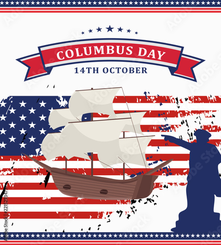 Retro-style vector art for Columbus Day, featuring a ship with an American flag in the background a regional ethnic celebration.
