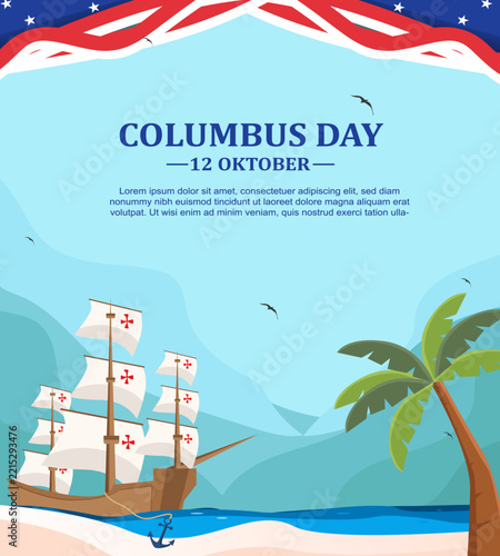 Columbus Day poster October 12 featuring a ship beached on the shore, an anchor, and a coconut tree.