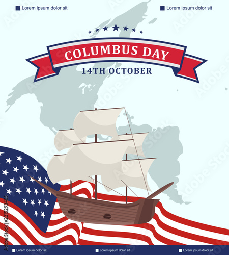Columbus Day celebration featuring social media vector elements, Columbus's ships, a classic compass, ocean waves, and a patriotic American flag.