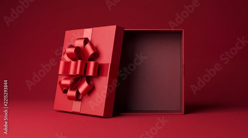 All red gift box open or top view of red present box with red ribbon bow isolated on dark red background with shadow minimal conceptuals for christmas ... See More