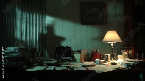 cluttered desk with shadowy figure under lamplight