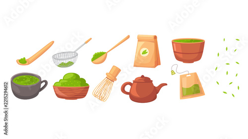 Matcha Tea Preparation Set with Traditional Utensils and Ingredients.