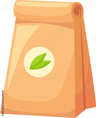 Brown paper bag with green leaves logo for natural product packaging.