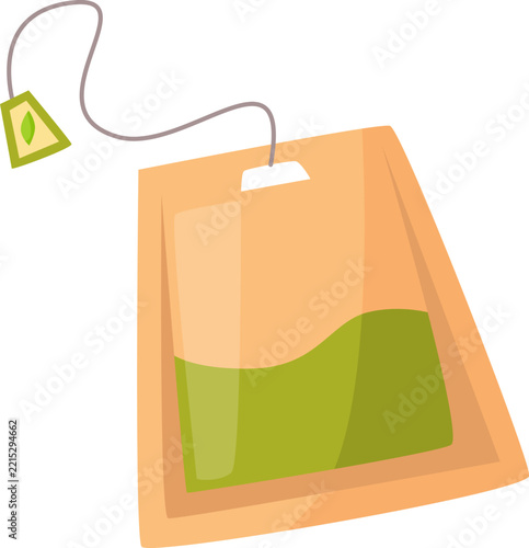 Single tea bag with green tea leaves and string tag.