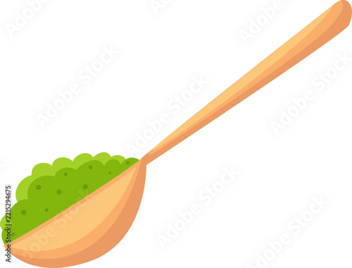 Wooden spoon with vibrant green matcha powder.