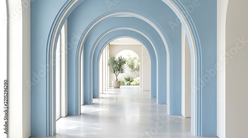 Architectural blue arches hallway with marble flooring and olive tree in a bright modern interior space