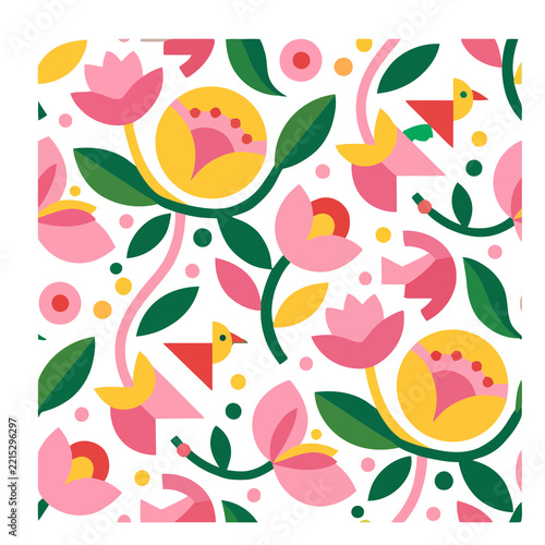 Stylized floral and bird pattern