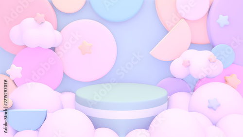 3D render of pastel product display podium with clouds.