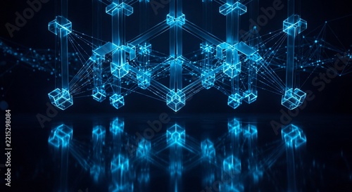 Glowing blue abstract digital crystal matrix network structure floating in dark cyberspace